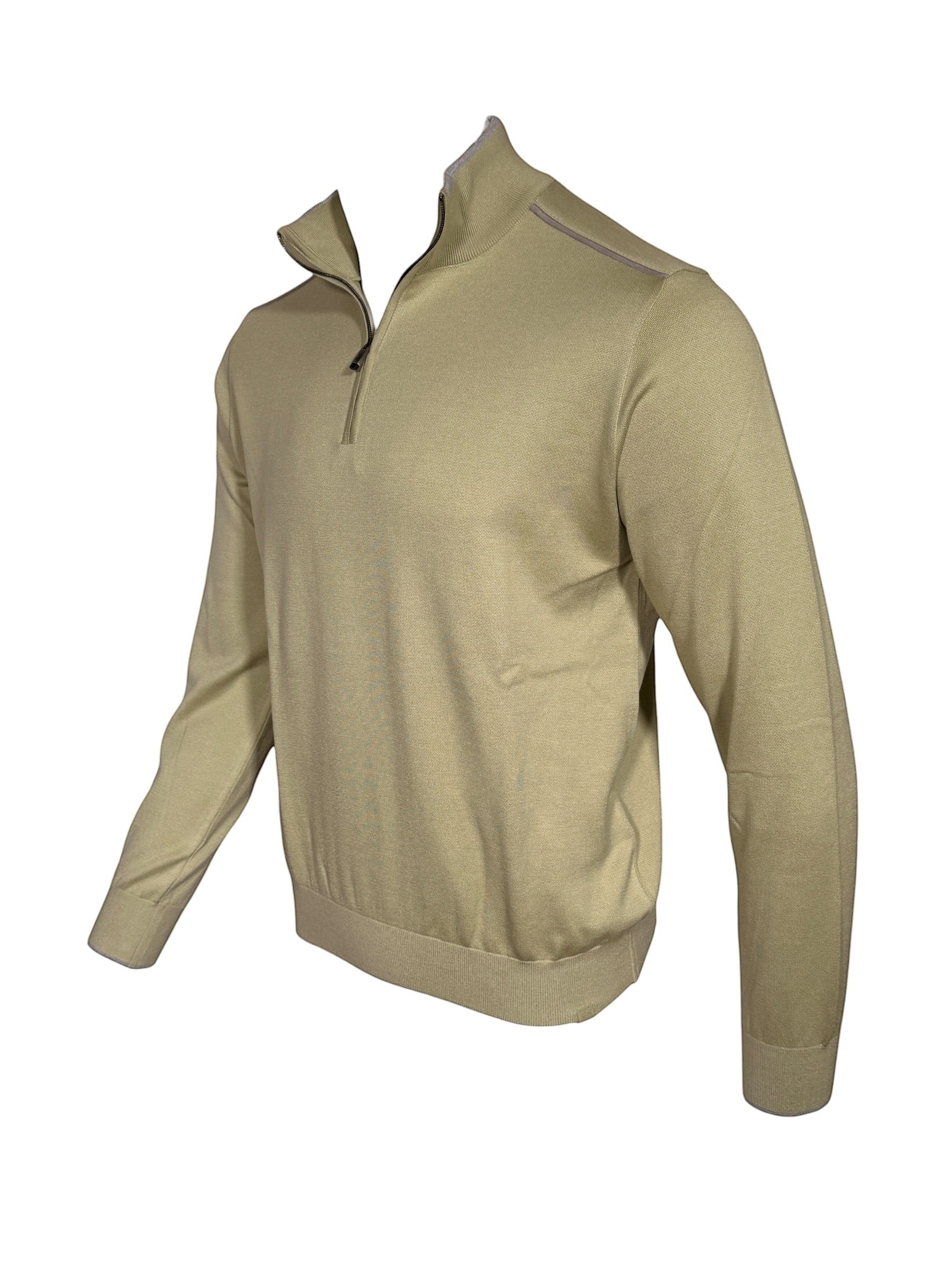 Button Down SF men's sage green cotton-silk half-zip sweater with ribbed collar and cuffs, featuring suede details.