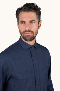 Button Down SF men's dark blue Loro Piana overshirt jacket made from wool, silk, linen, and spandex blend with two chest pockets.