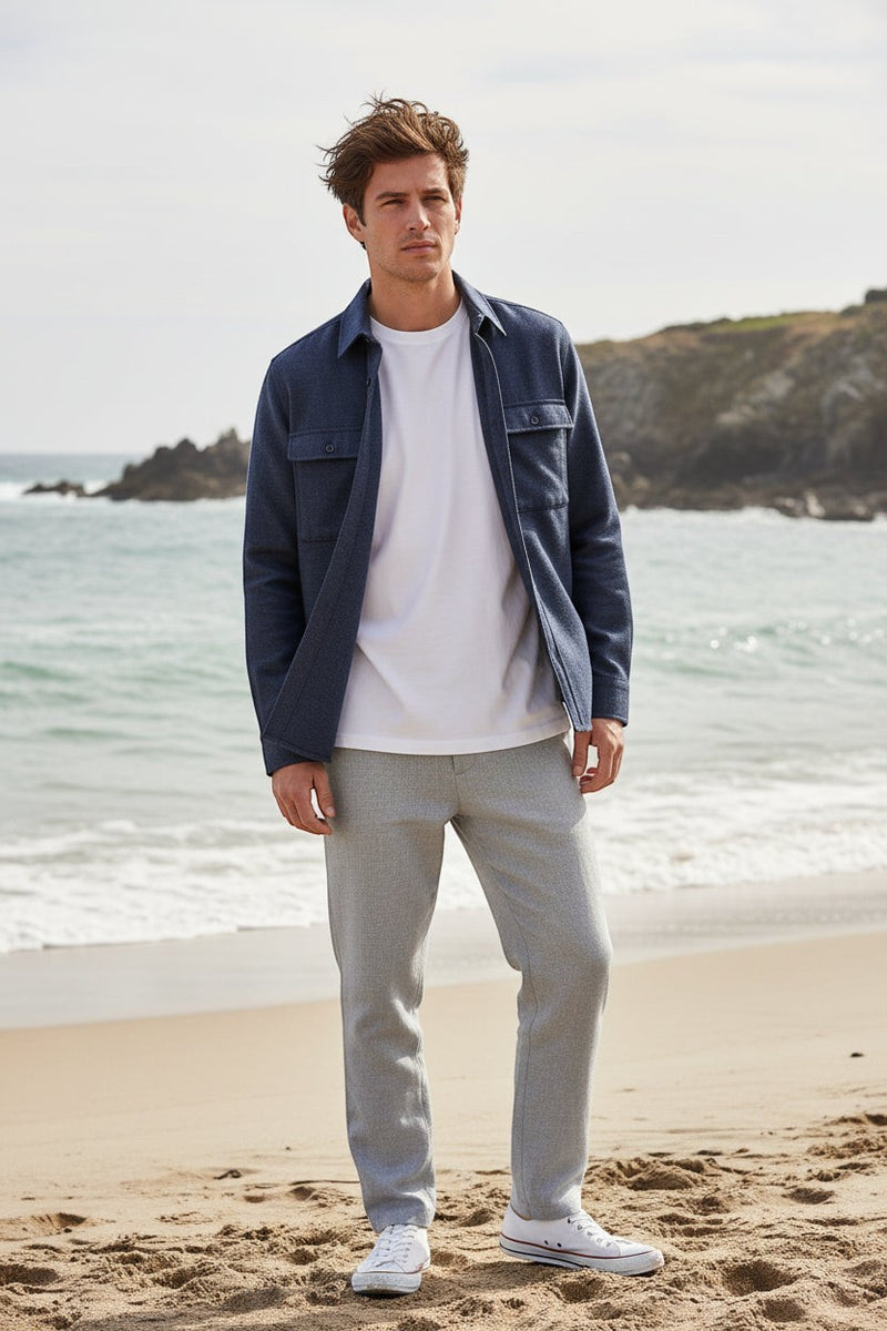 Button Down SF men's dark blue Loro Piana jersey overshirt jacket made from wool, silk, linen, and spandex blend.