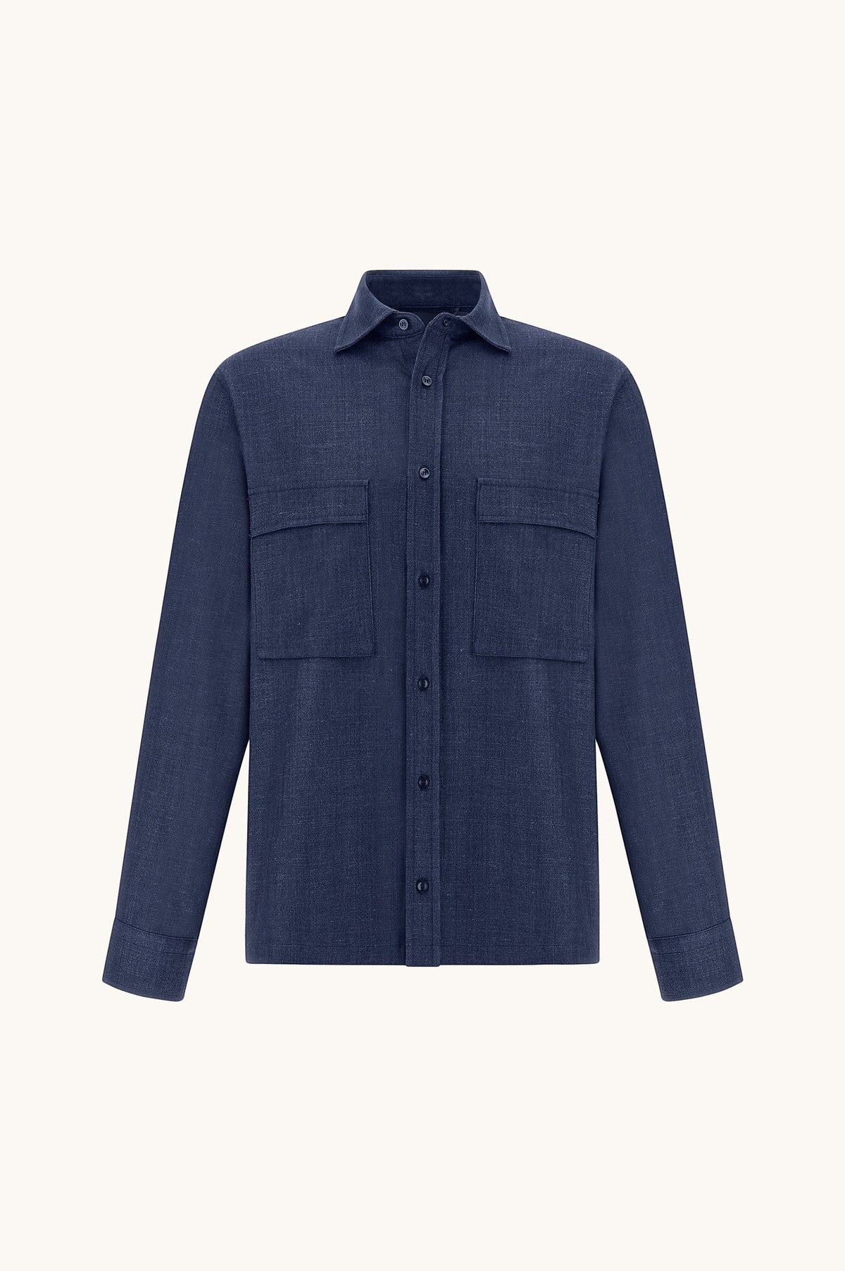 Button Down SF men's dark blue Loro Piana overshirt jacket made from wool, silk, linen, and spandex blend with two chest pockets.