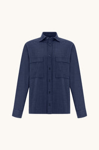 Button Down SF men's dark blue Loro Piana overshirt jacket made from wool, silk, linen, and spandex blend with two chest pockets.