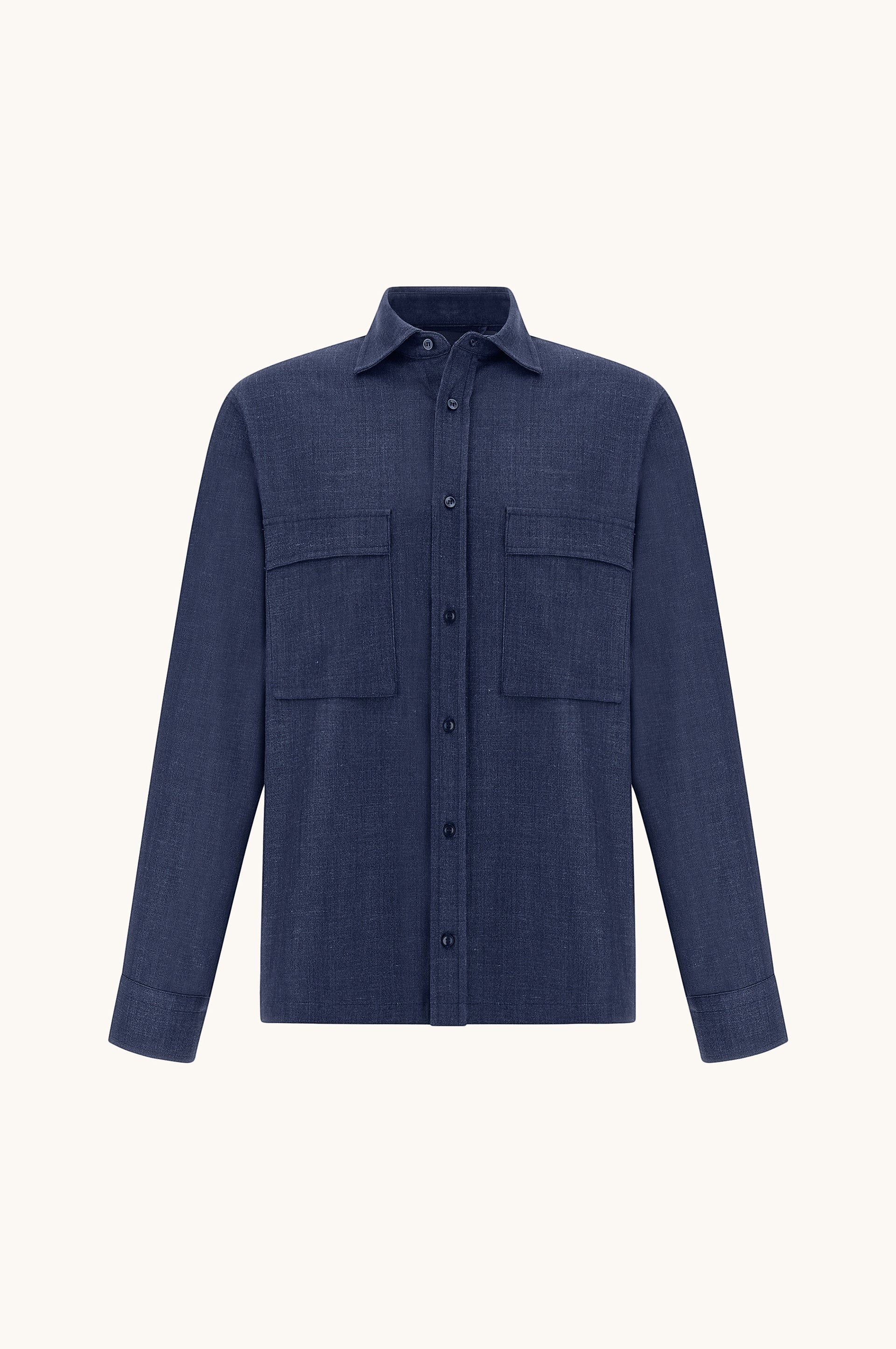 Button Down SF men's dark blue Loro Piana overshirt jacket made from wool, silk, linen, and spandex blend with two chest pockets.