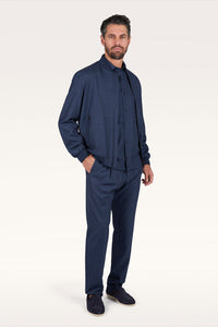 Button Down SF men's dark blue Loro Piana wool blend overshirt jacket with zip closure and elasticated cuffs.