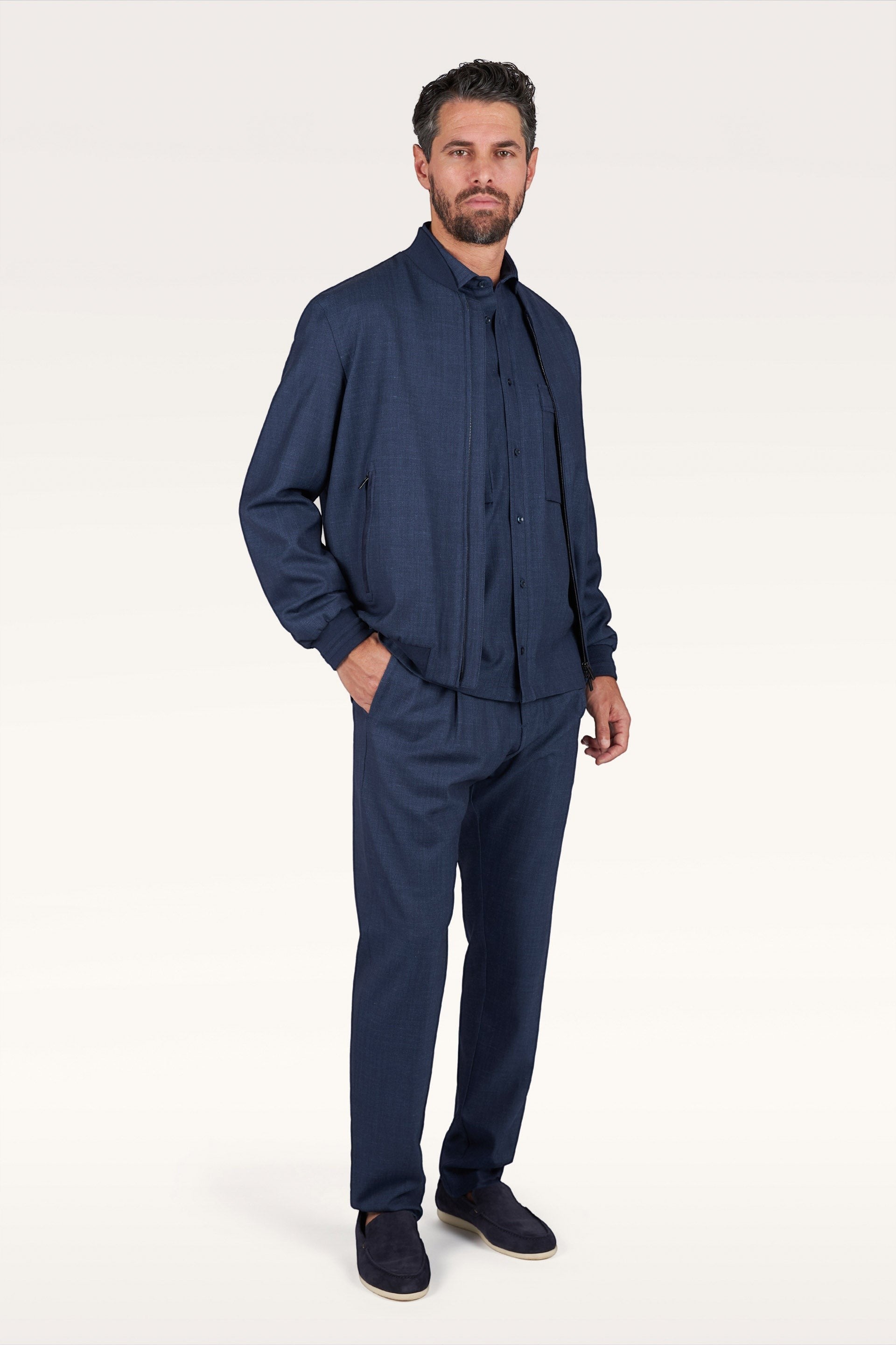 Button Down SF men's dark blue Loro Piana wool blend overshirt jacket with zip closure and elasticated cuffs.