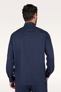 Button Down SF men's dark navy Loro Piana jersey overshirt jacket made from wool, silk, linen, and spandex blend.