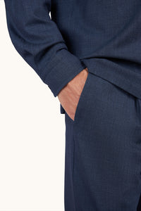 Button Down SF men's dark blue Loro Piana jersey overshirt jacket made from wool, silk, linen, and spandex blend.