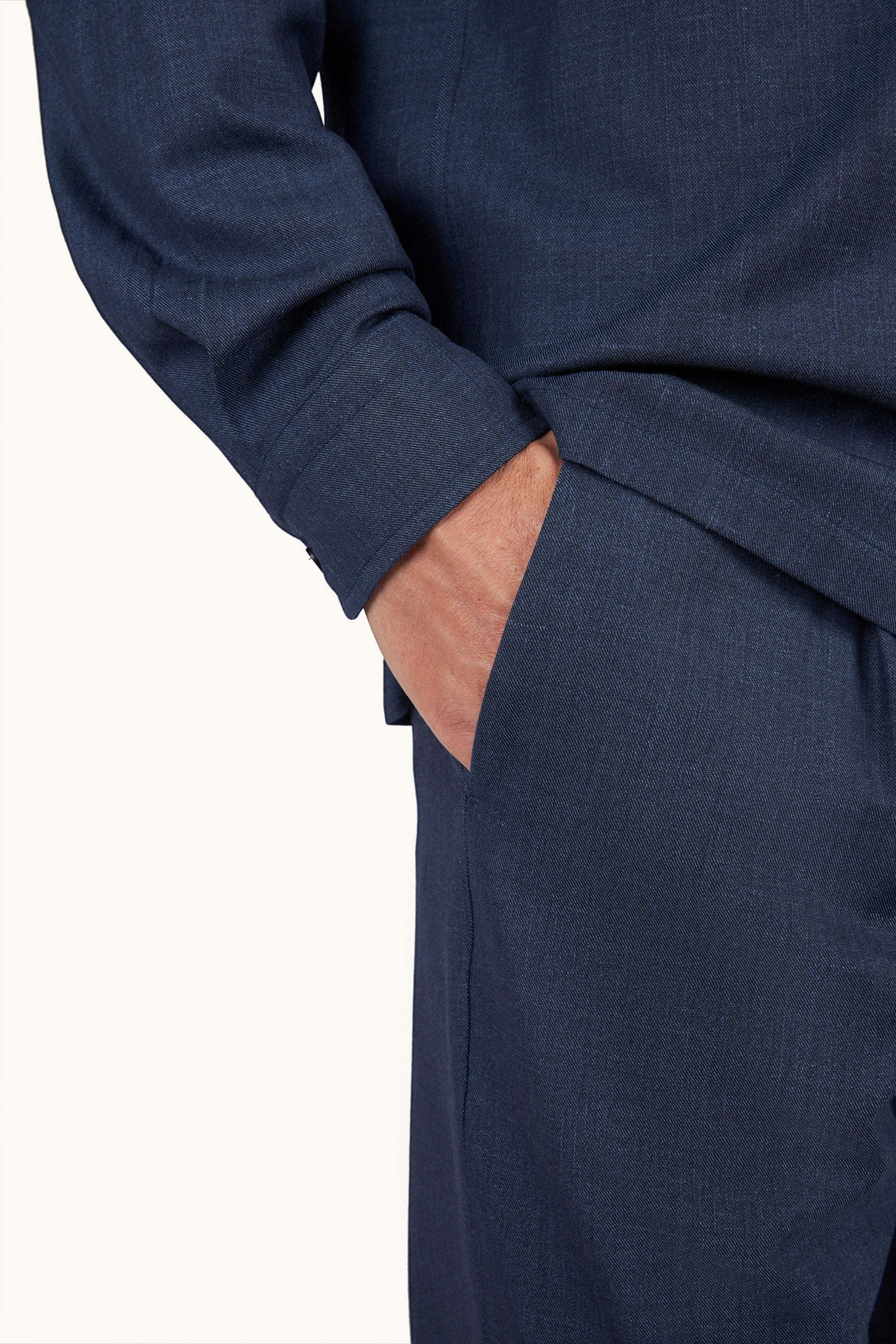 Button Down SF men's dark blue Loro Piana jersey overshirt jacket made from wool, silk, linen, and spandex blend.