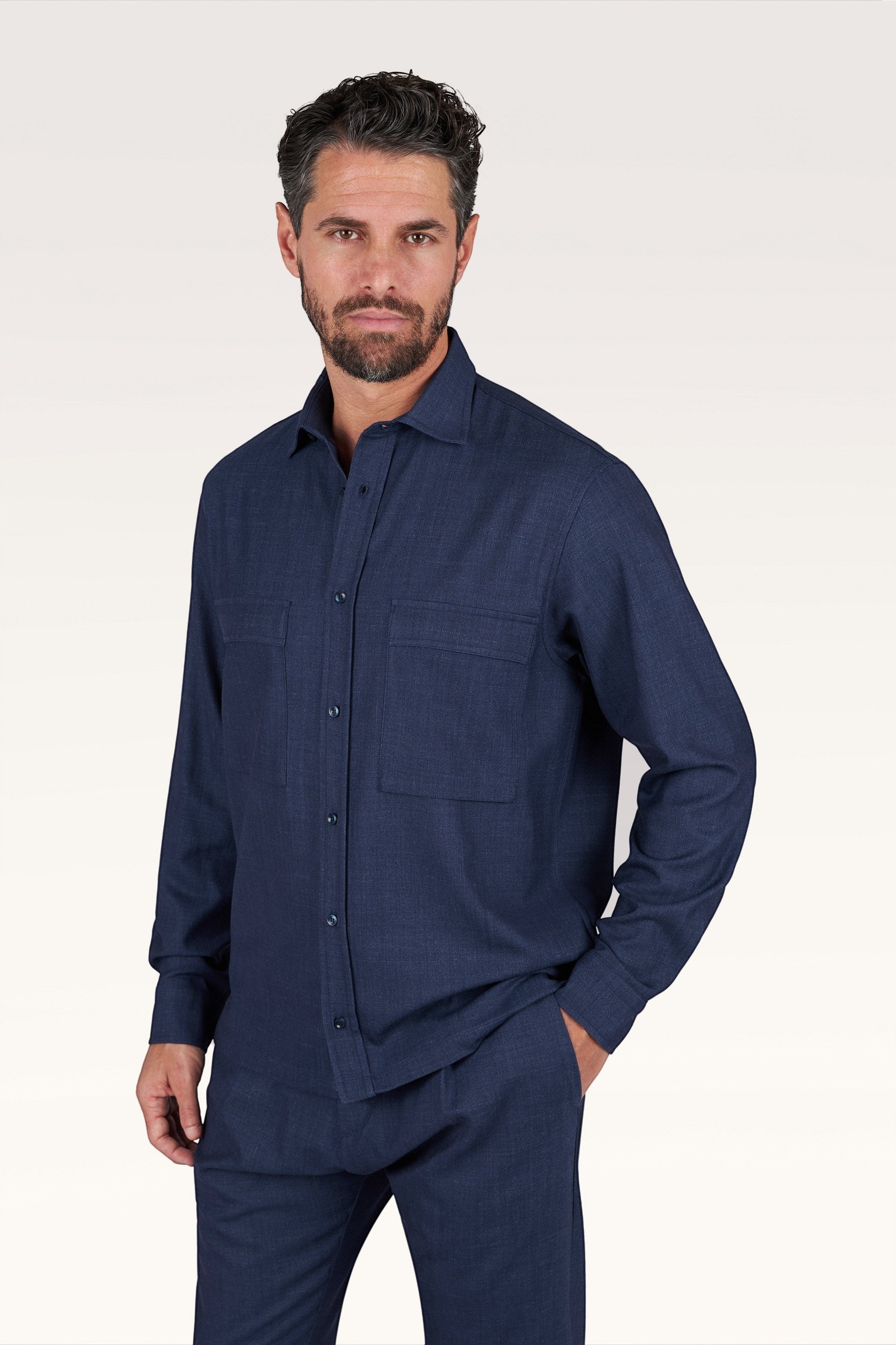 Button Down SF men's dark blue Loro Piana jersey overshirt jacket made from wool, silk, linen, and spandex blend.