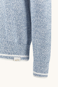 Button Down SF men's light blue marl Giza cotton crew neck cardigan with white trim detail.