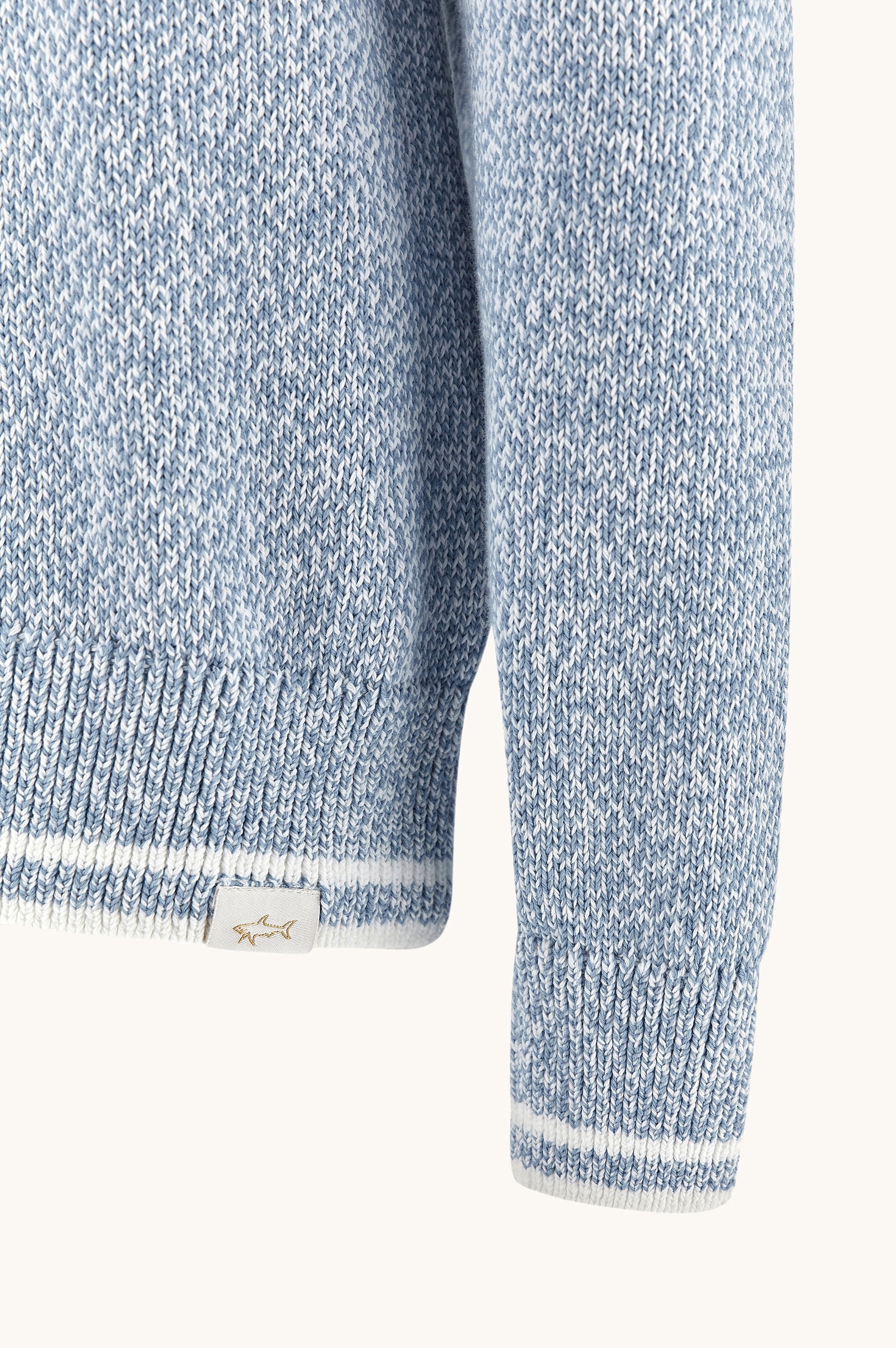 Button Down SF men's light blue marl Giza cotton crew neck cardigan with white trim detail.
