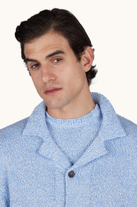 Button Down SF men's light blue marl Giza cotton cardigan with shawl collar and button closure. Lightweight and breathable.