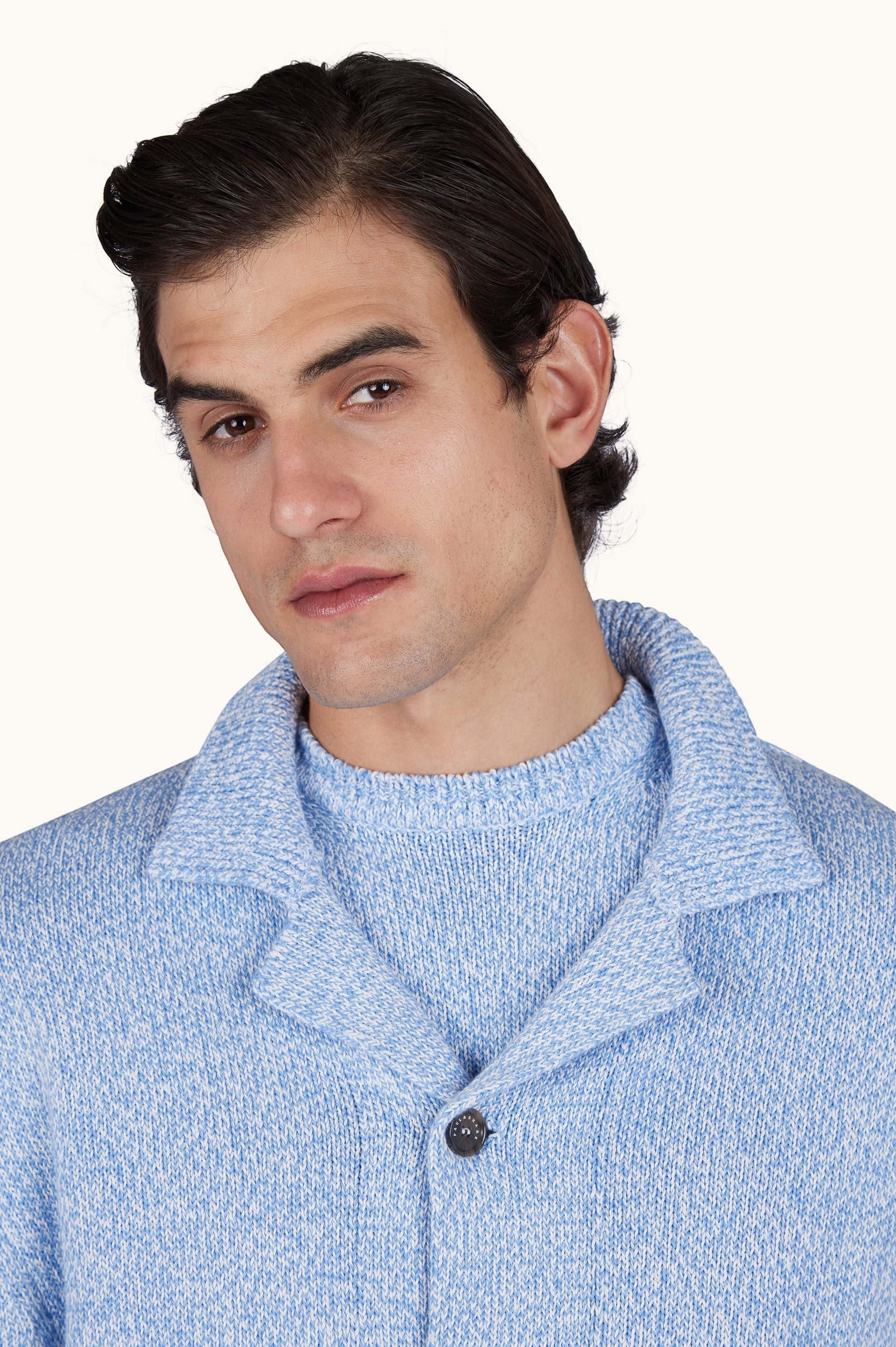 Button Down SF men's light blue marl Giza cotton cardigan with shawl collar and button closure. Lightweight and breathable.