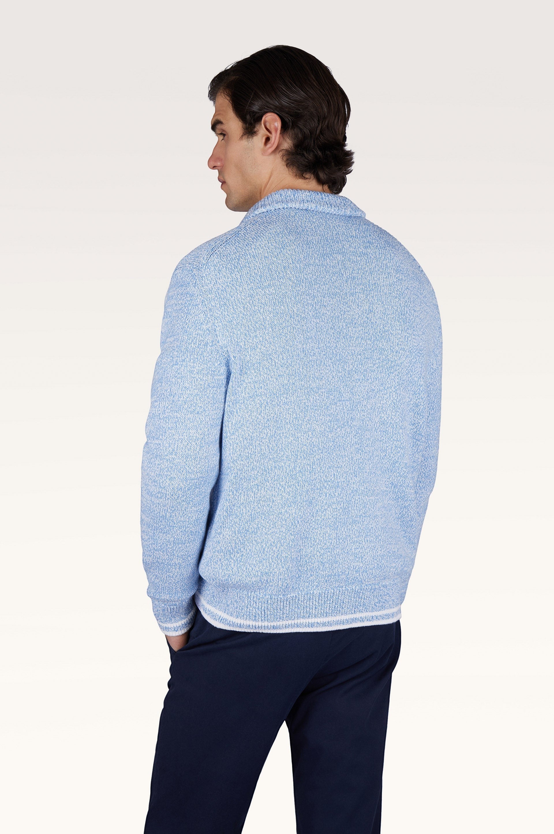 Button Down SF men's light blue marl Riviera crew neck cardigan in 100% Giza cotton with a lightweight, soft feel and white trim.