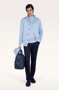 Button Down SF men's light blue marl Giza cotton crew neck cardigan with button closure.