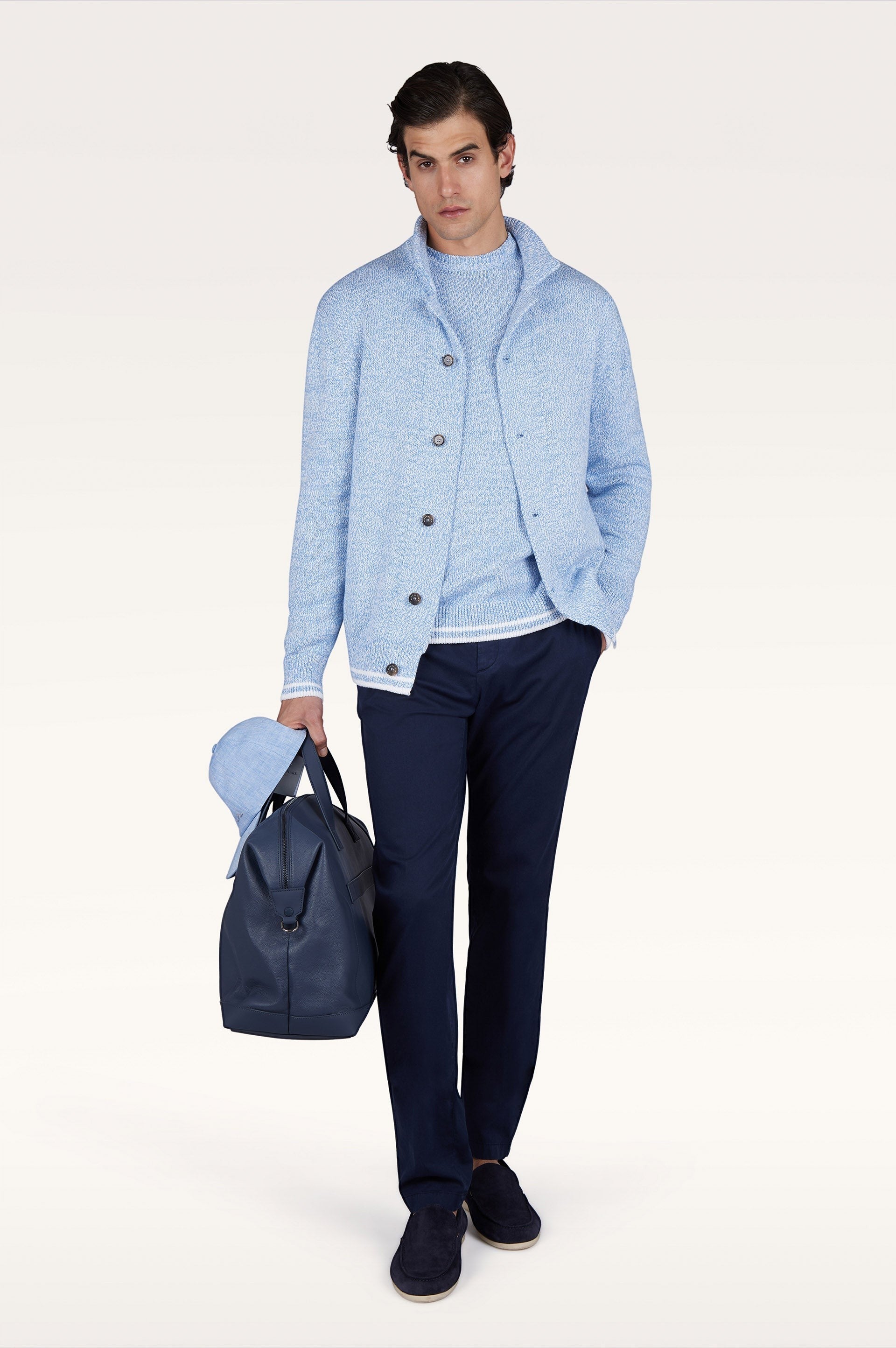 Button Down SF men's light blue marl Giza cotton crew neck cardigan with button closure.