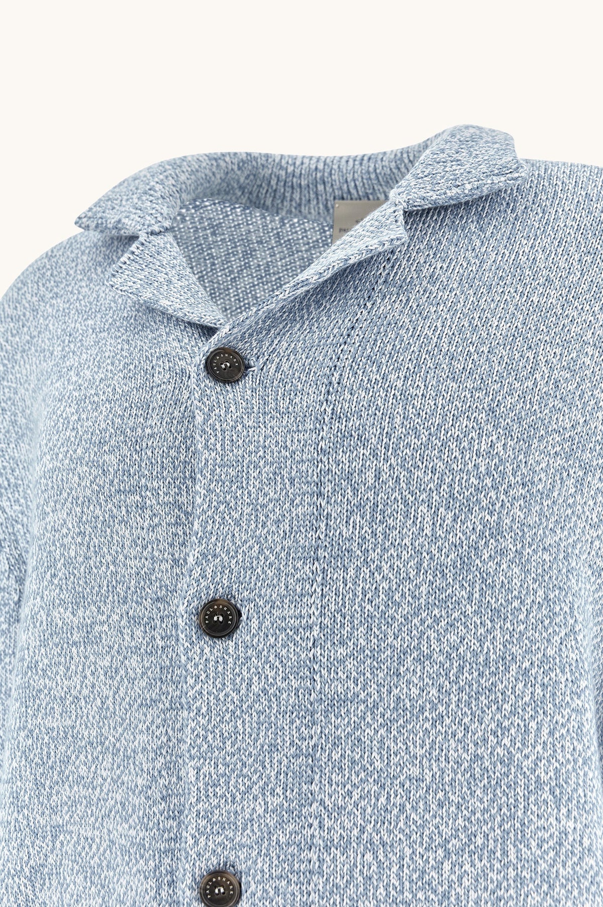 Button Down SF men's light blue marl Giza cotton shawl collar cardigan with dark button closure.