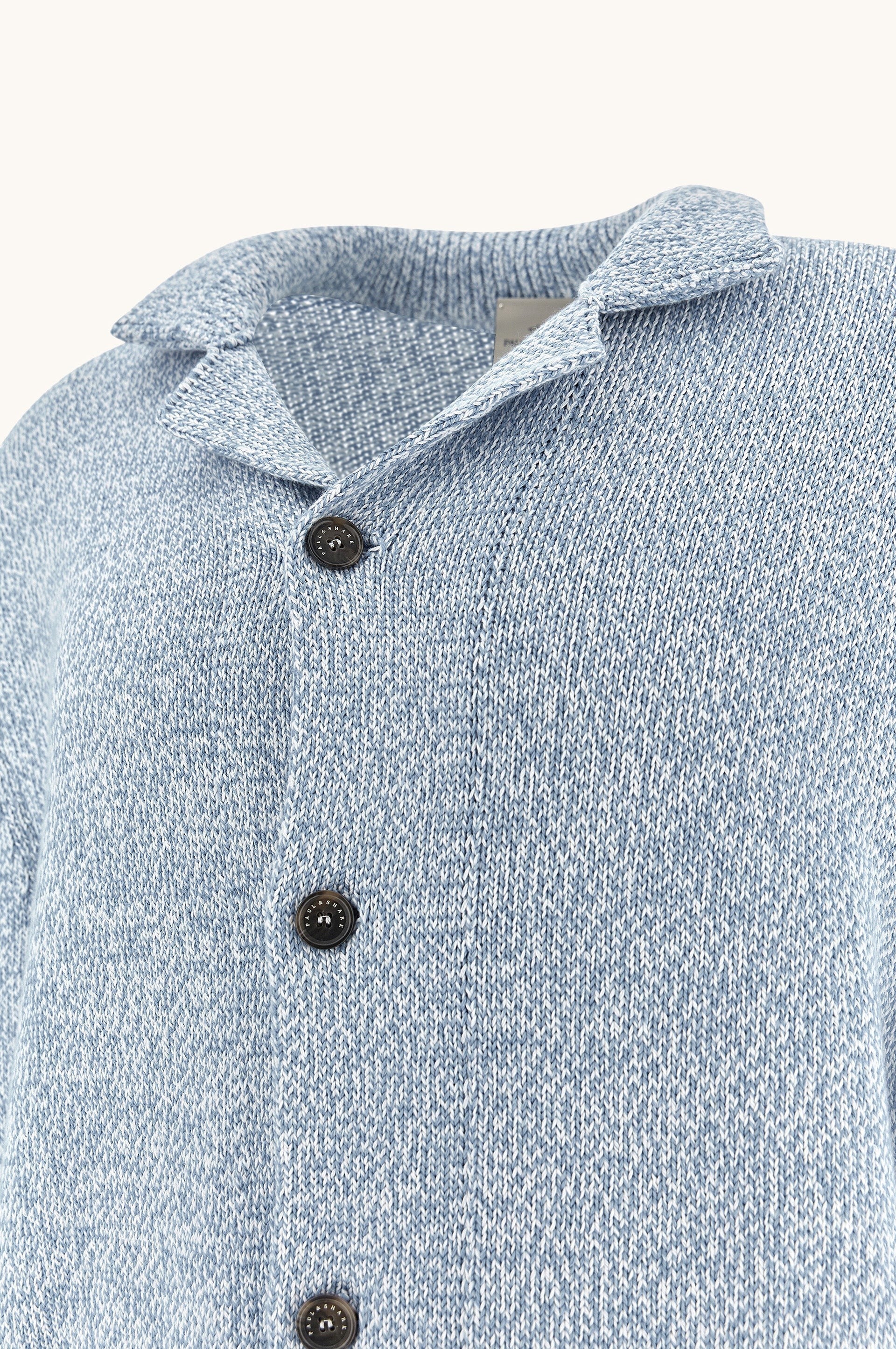 Button Down SF men's light blue marl Giza cotton shawl collar cardigan with dark button closure.
