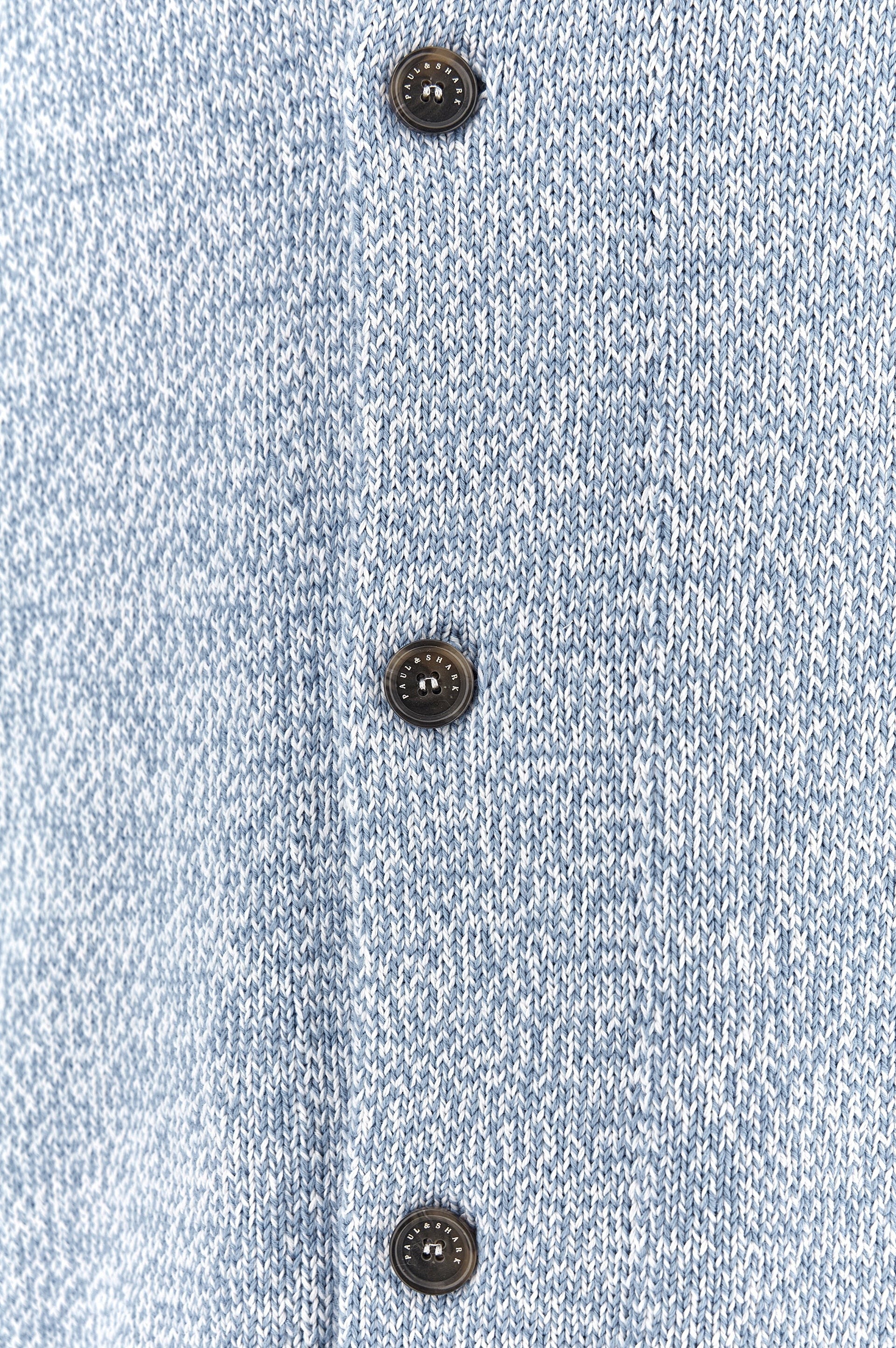 Button Down SF men's light blue marl crew neck cardigan in 100% Giza cotton with branded buttons.