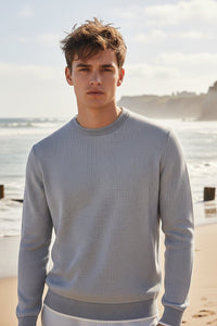 Button Down SF men's light blue 100% cotton textured crewneck sweater with ribbed cuffs and hem.