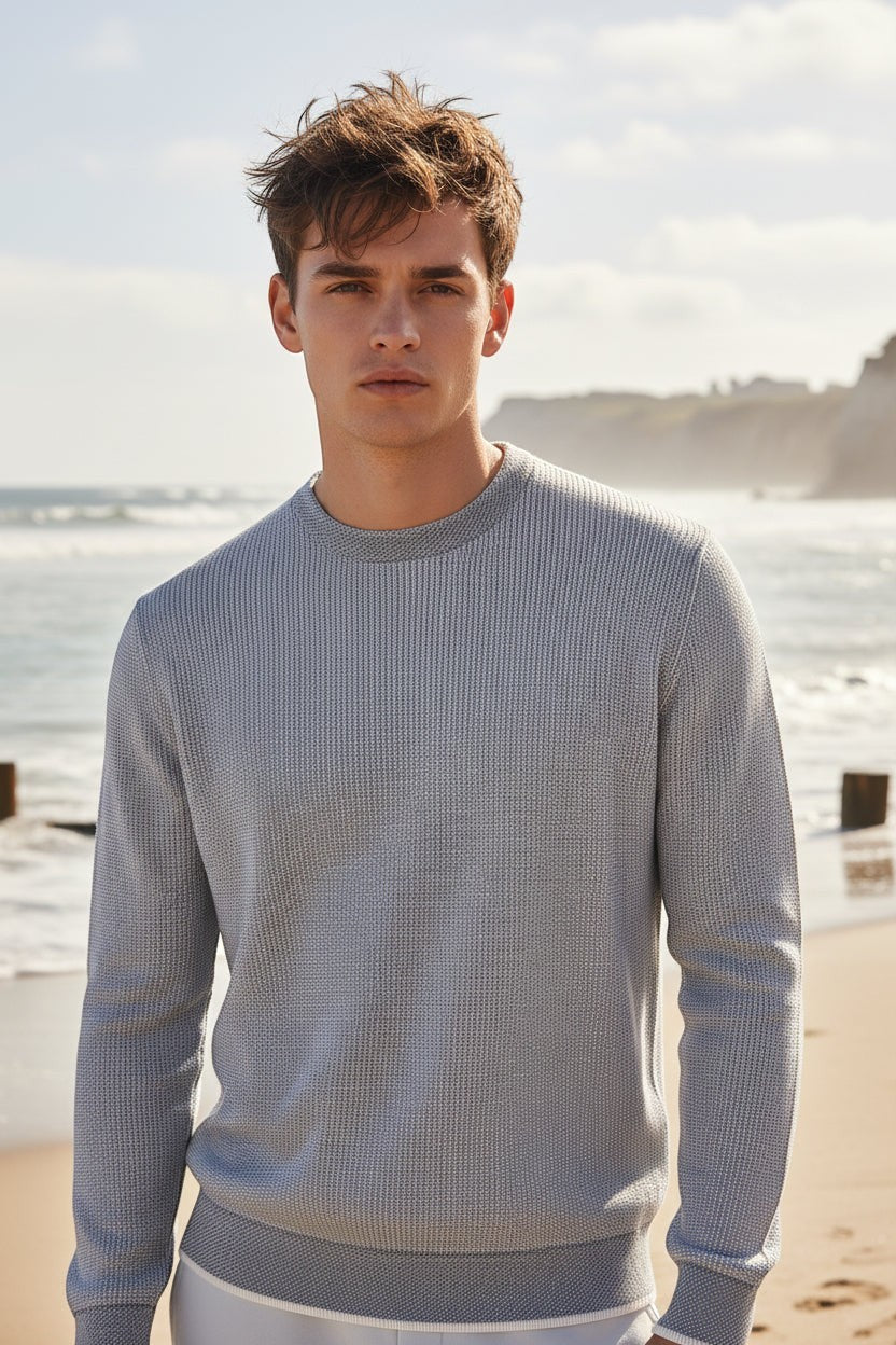 Button Down SF men's light blue 100% cotton textured crewneck sweater with ribbed cuffs and hem.