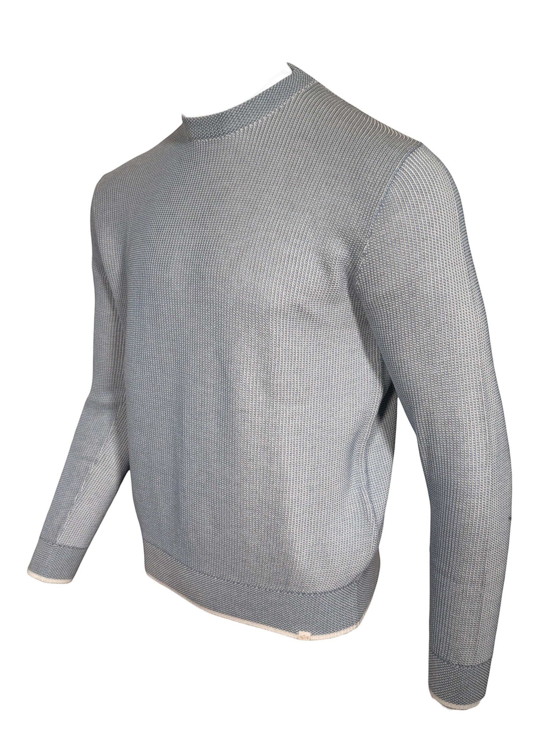 Button Down SF light blue 100% cotton crewneck sweater with textured knitting and ribbed cuffs and hem.