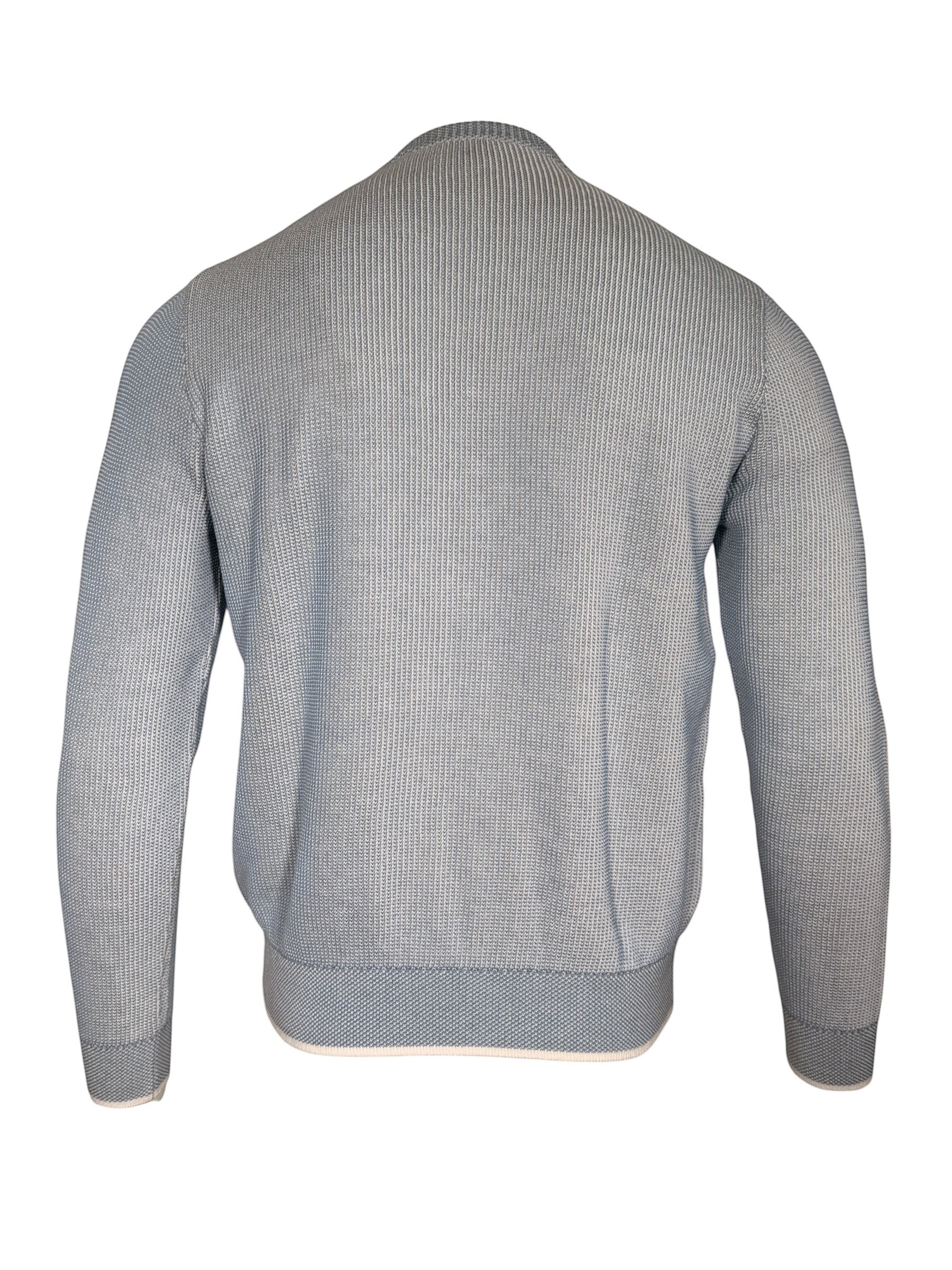 Button Down SF light blue 100% cotton crewneck sweater with textured knitting and ribbed cuffs and hem.