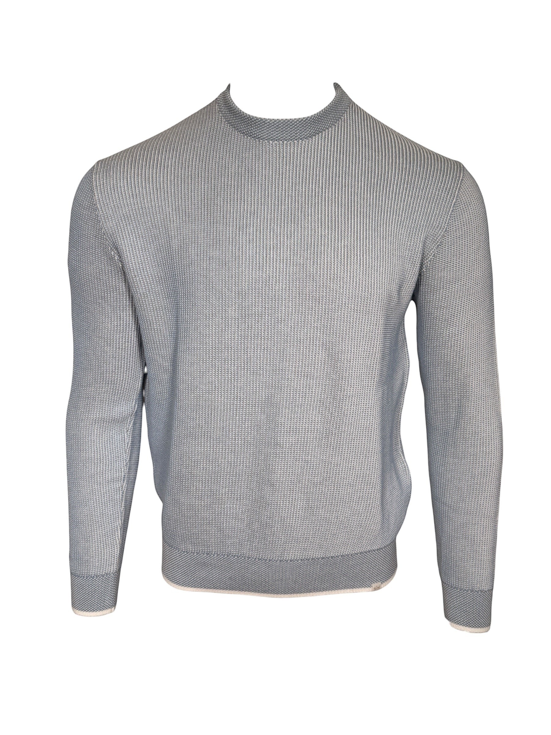 Button Down SF men's light blue 100% cotton crewneck sweater with textured knitting and ribbed trim.