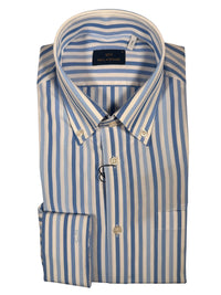 Button Down SF men's blue mix stripe 100% cotton shirt with button-down collar and embroidered logo on cuff.
