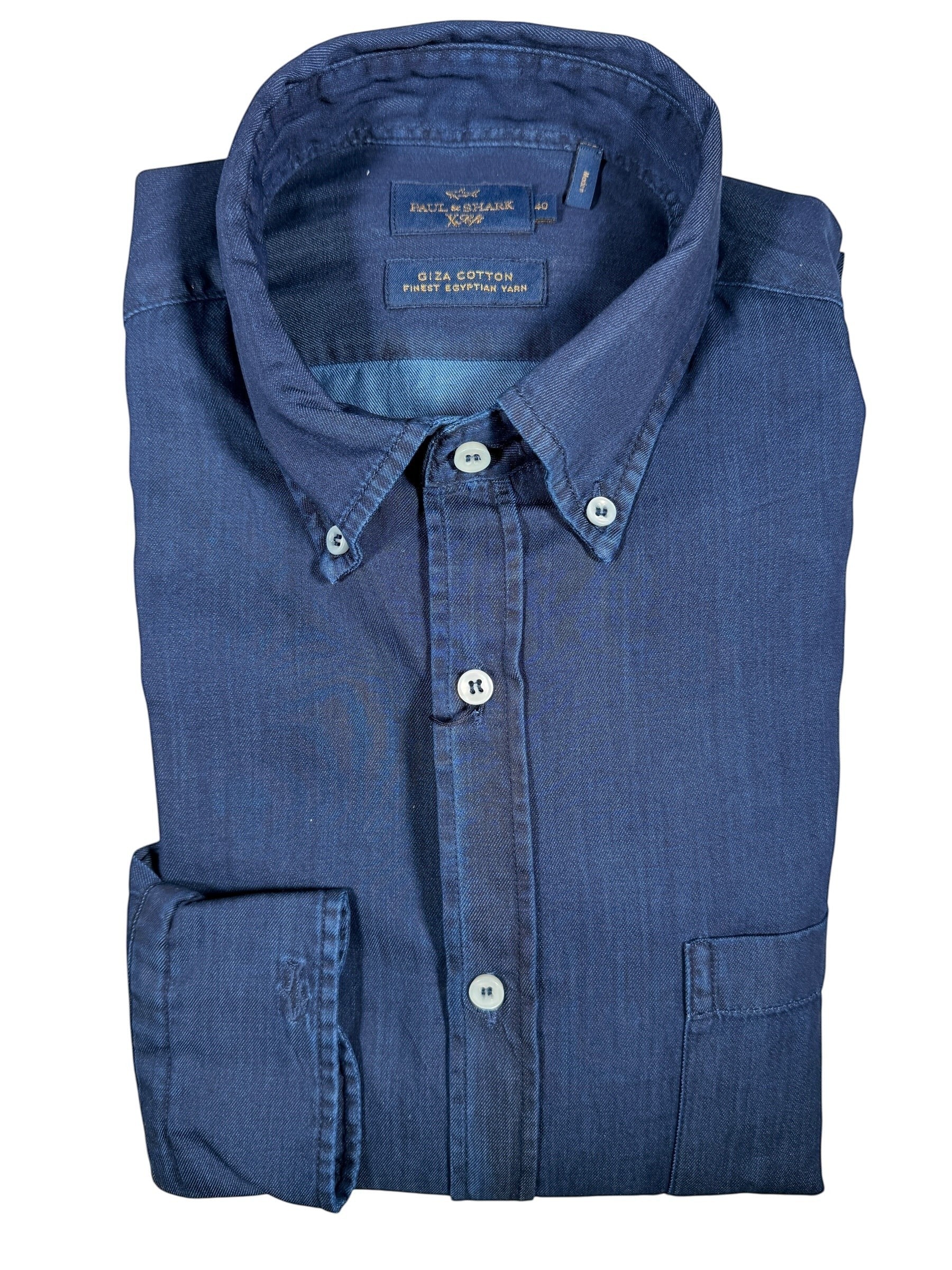 Button Down SF dark blue Giza Cotton men's denim shirt with button-down collar and chest pocket. 100% Cotton.