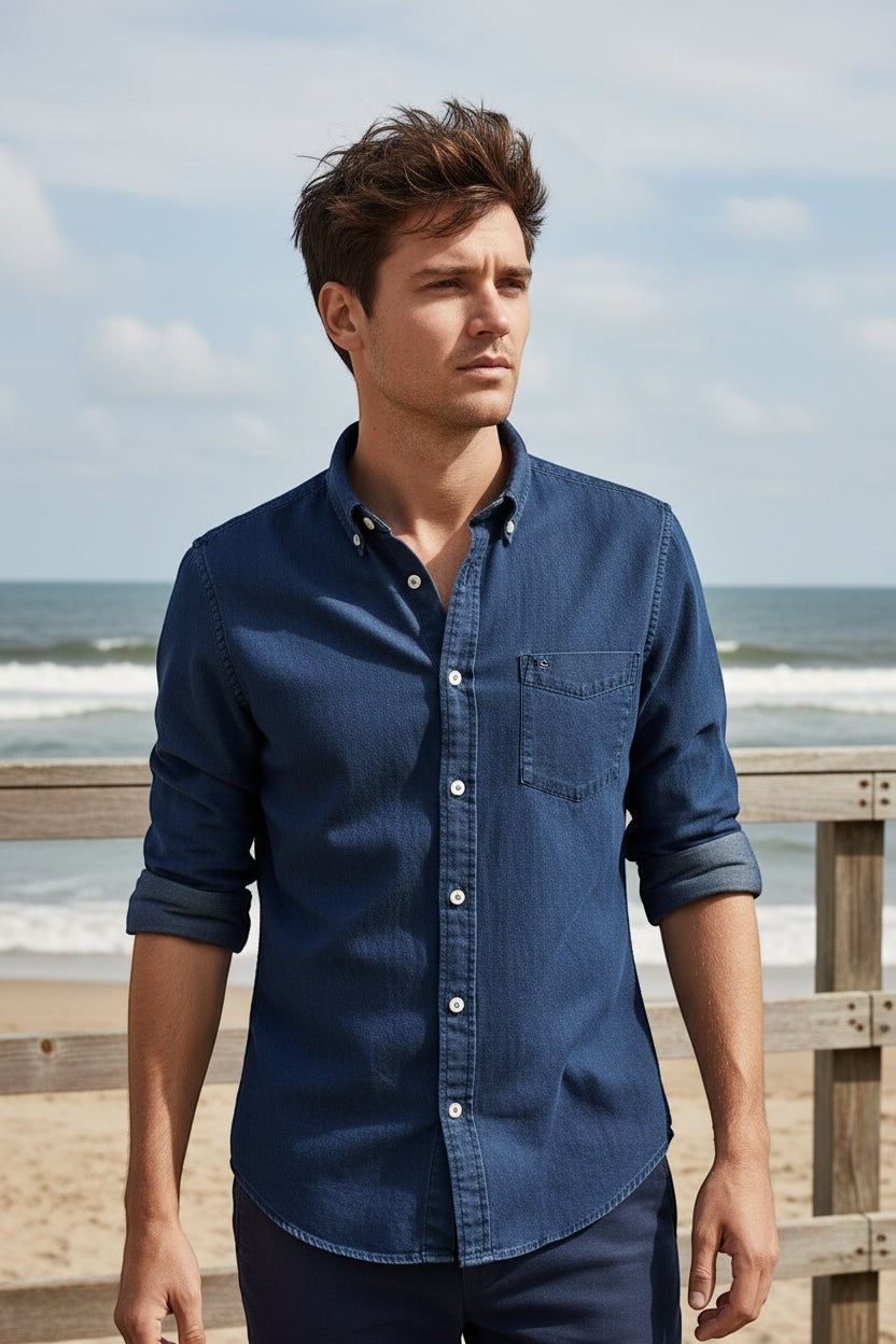 Button Down SF men's dark blue Giza Cotton Xsoft denim shirt with button-down collar and chest pocket.