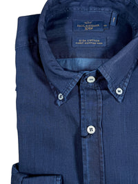 Button Down SF dark blue Giza Cotton men's denim shirt with button-down collar and chest pocket. 100% Cotton.