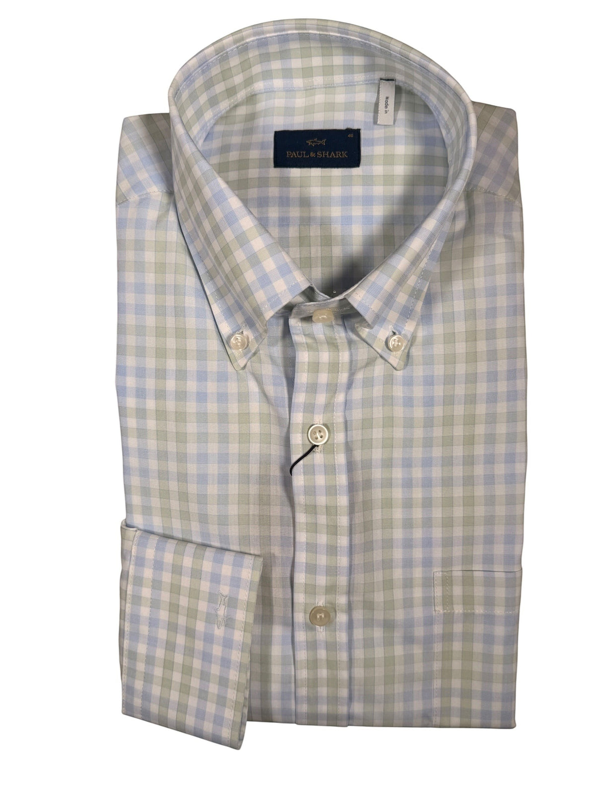 Button Down SF light blue and green gingham 100% cotton men's shirt with button-down collar.