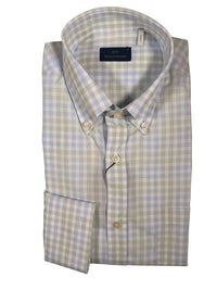 Button Down SF light blue and green gingham 100% cotton men's shirt with button-down collar.