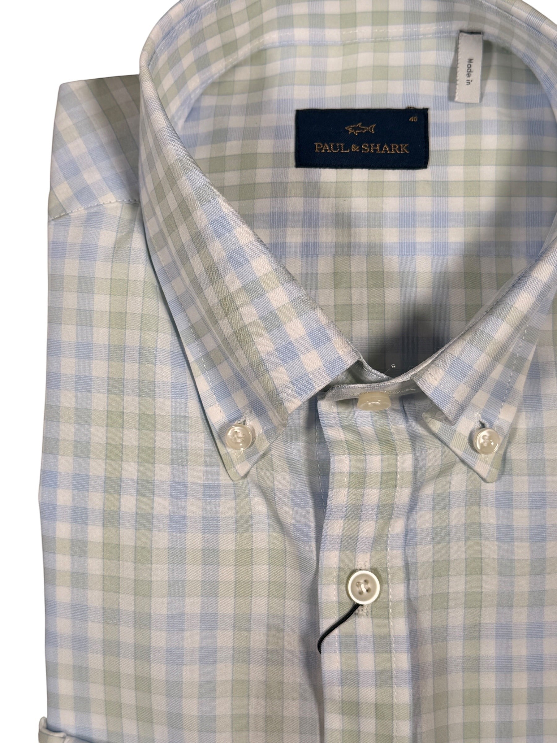 Button Down SF men's light blue and green check 100% cotton shirt with button-down collar.