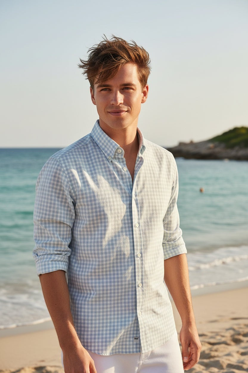 Button Down SF men's light blue and green check 100% cotton shirt with button-down collar.