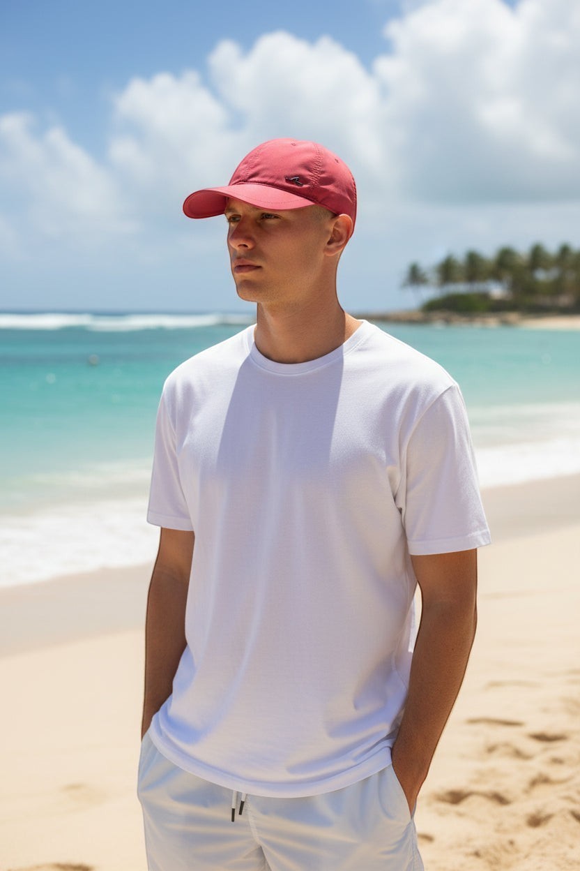 Button Down SF orange nylon baseball cap with shark fin detail, perfect for beachwear.