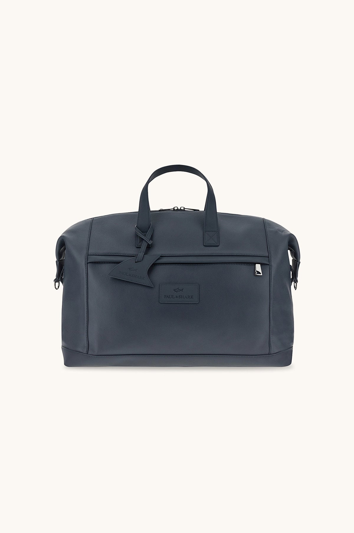 Button Down SF navy tumbled leather holdall bag with shark fin detailing, handles, and shoulder strap.