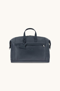 Button Down SF navy tumbled leather holdall bag with shark fin detailing, handles, and shoulder strap.