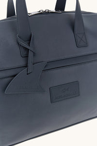 Button Down SF navy tumbled leather holdall bag with shark fin detail and handles. Includes shoulder strap.