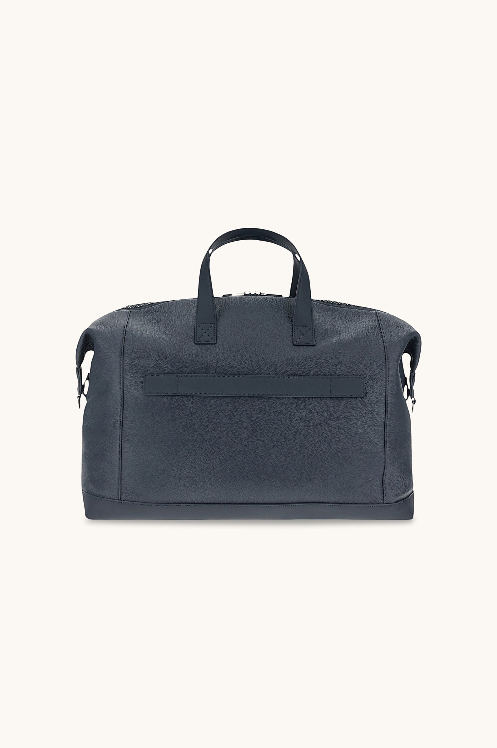 Button Down SF navy tumbled leather holdall bag with shark fin detailing and handles. Includes shoulder strap.