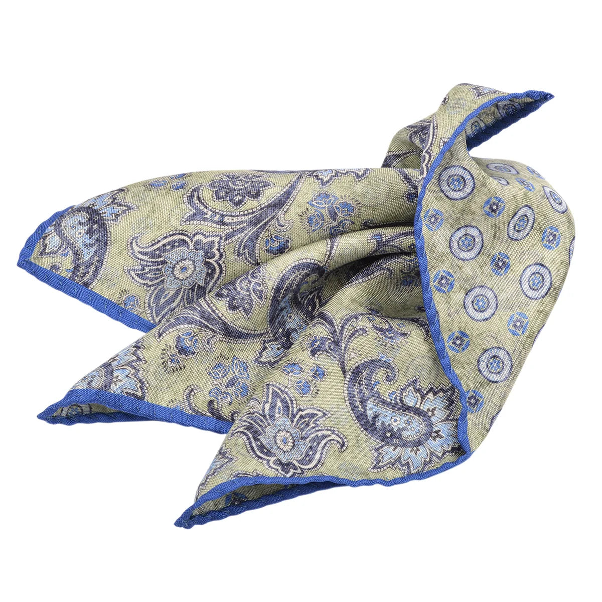 DION SILK DOUBLE-SIDED POCKET SQUARE - MINT BLUE PAISLEY/DONUT NEAT