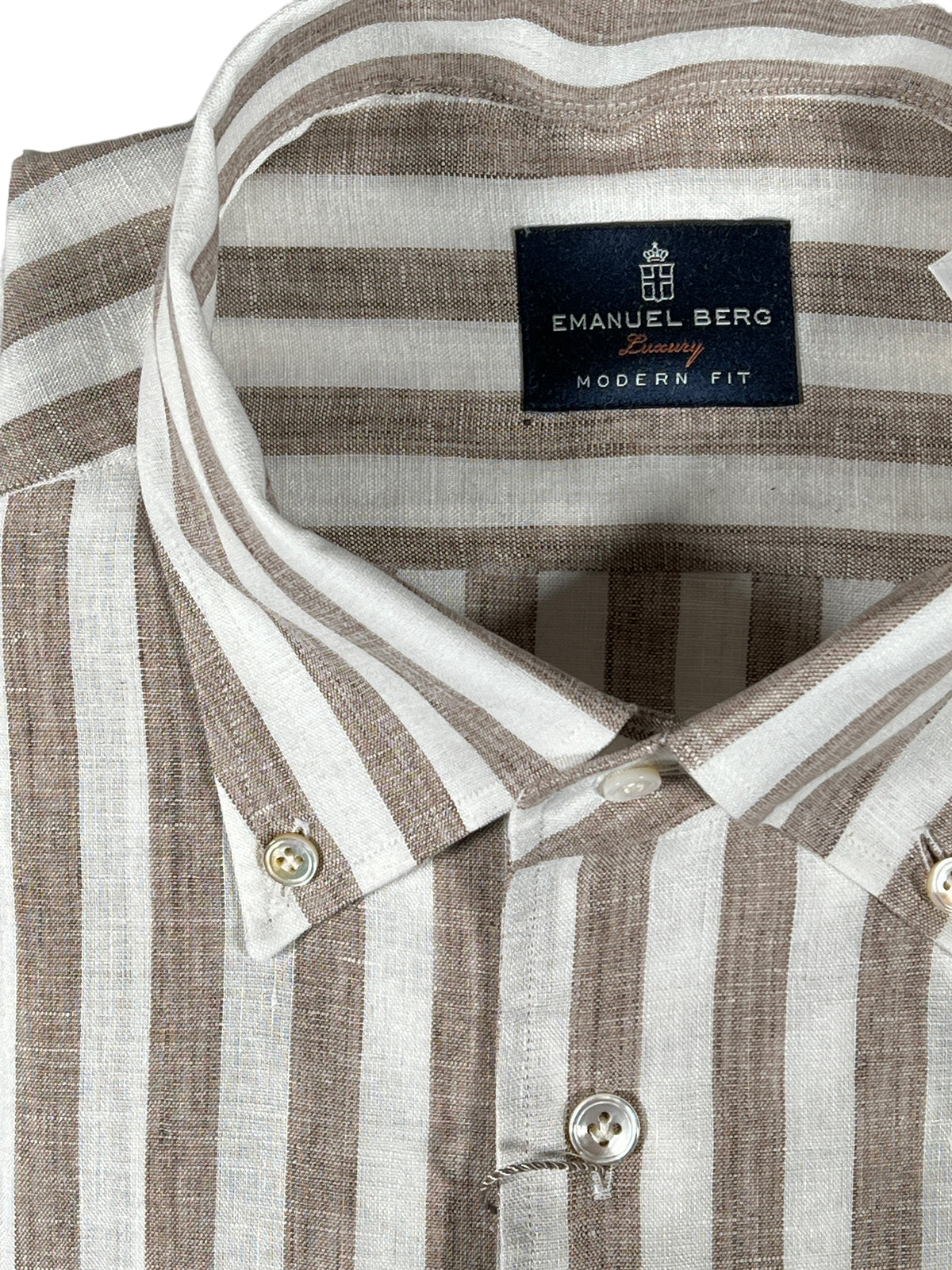 EMANUEL BERG EXTRA FINE LINEN PREMIUM LUXURY MEN'S SHIRT - BROWN STRIPE