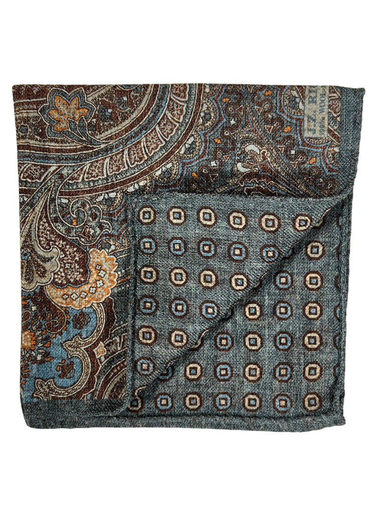 JZ RICHARDS DOUBLE PRINTED WOOL POCKET SQUARE - CHARCOAL PAISLEY/MEDALLION