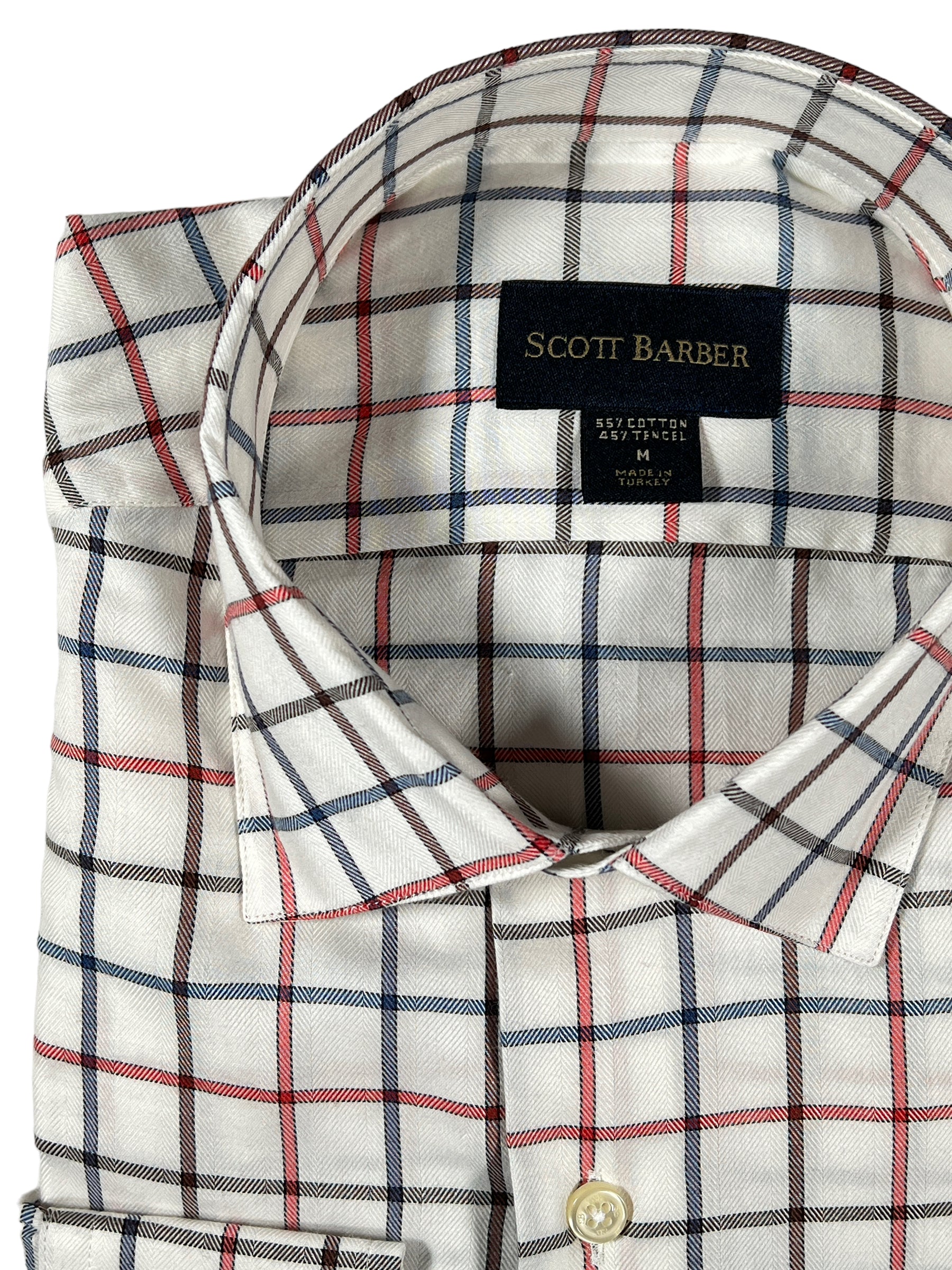 SCOTT BARBER FINE TWILL WINDOWPANE CHECK MEN’S SHIRT - WHITE