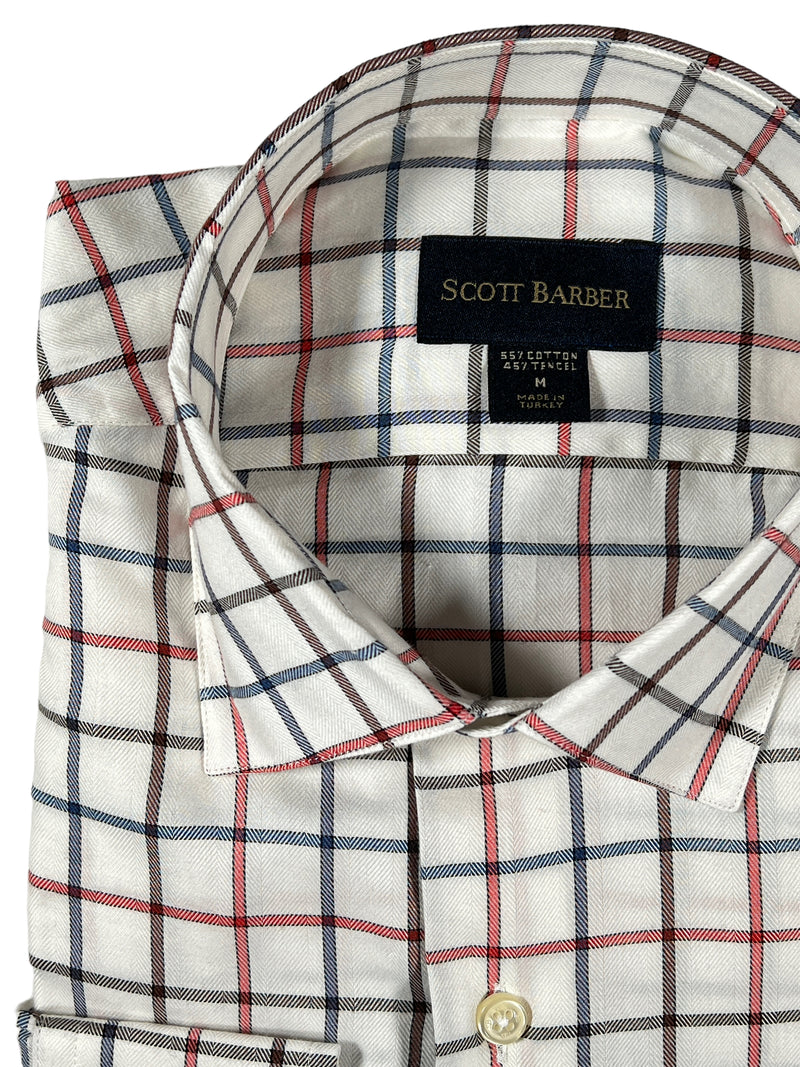 SCOTT BARBER FINE TWILL WINDOWPANE CHECK MEN’S SHIRT - WHITE