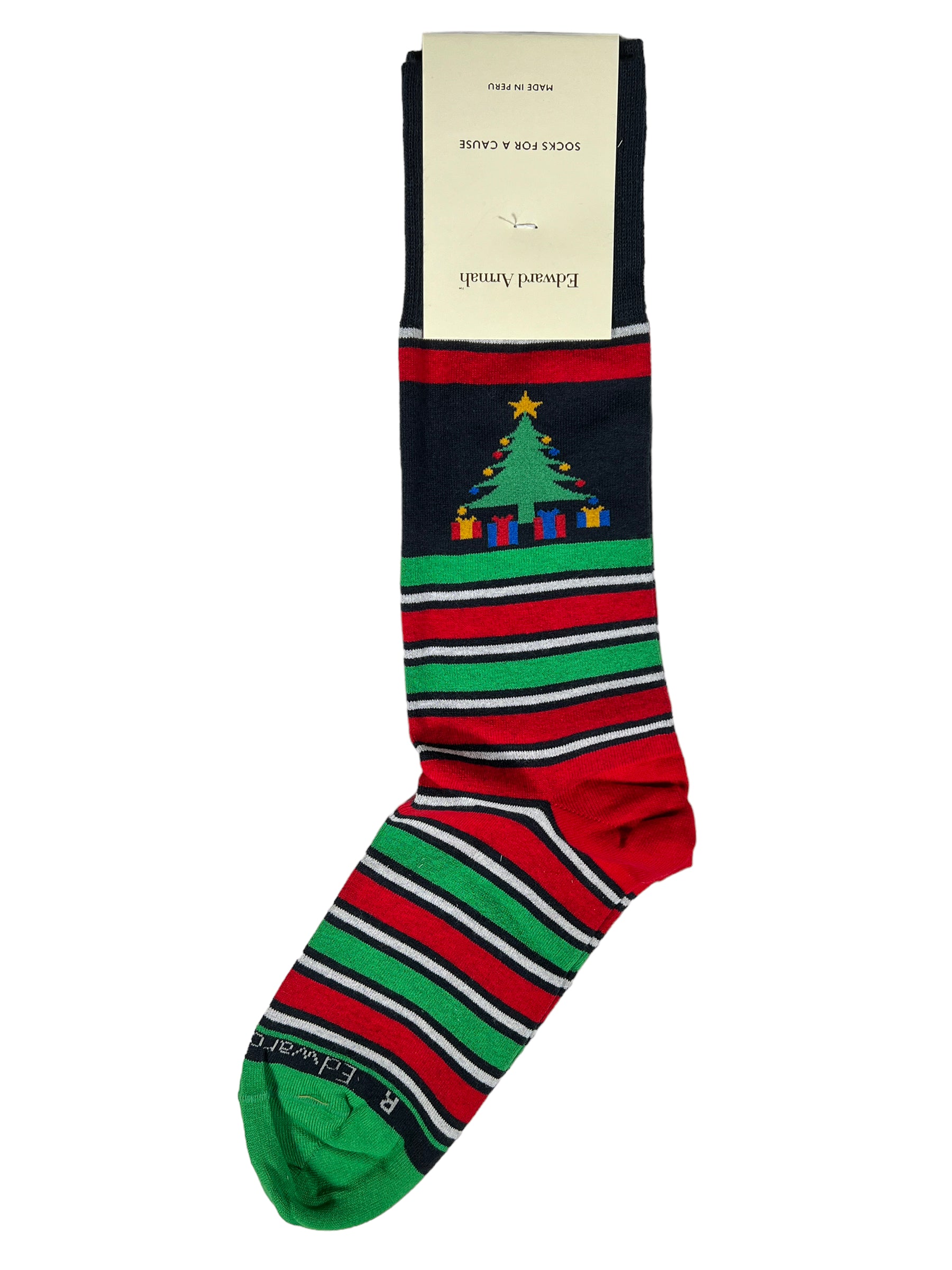 EDWARD ARMAH MEN'S HOLIDAY SOCK - NAVY TREE WITH PRESENTS