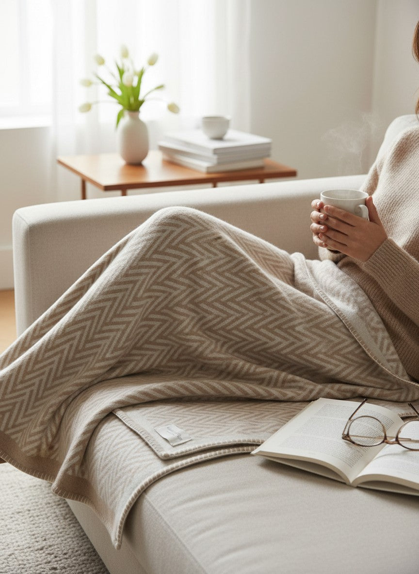 JOHNSTONS OF ELGIN HERRINGBONE JACQUARD BLANKET STITCHED THROW - NATURAL/WHITE