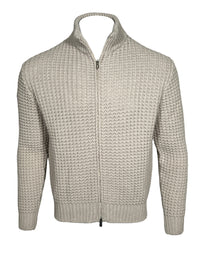 FEDELI WAFFLE STITCH FULL ZIP SWEATER - CREAM