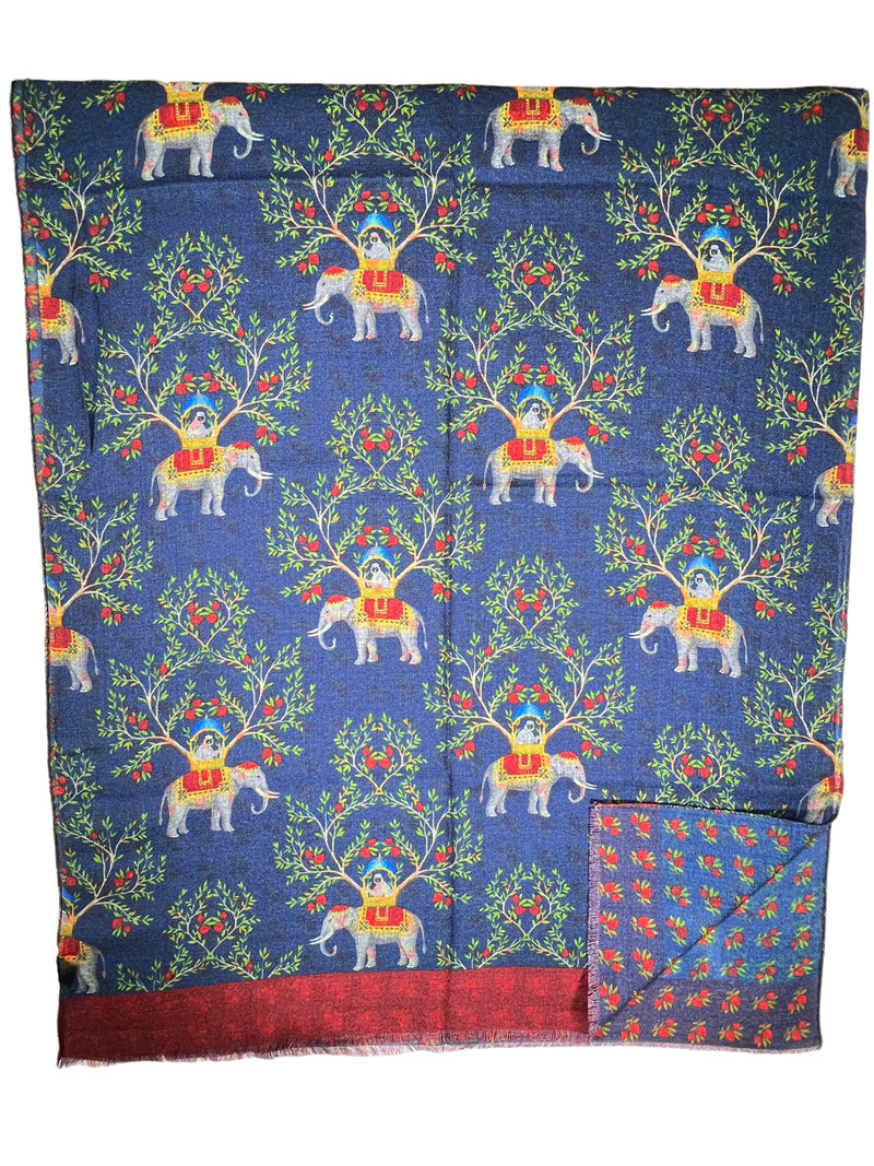 CALABRESE 1924 DOUBLE FACE WOOL SCARF - NAVY ELEPHANTS