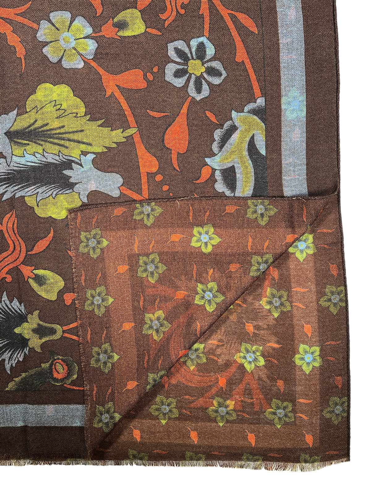 CALABRESE 1924 DOUBLE FACE WOOL SCARF - BROWN FLOWERING VINES